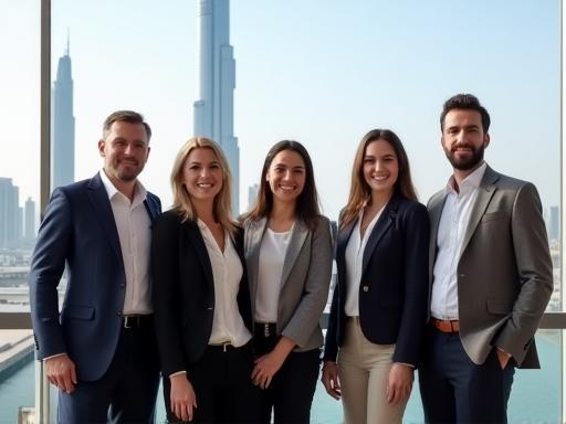 Arabian Vista Tours team smiling in front of a Dubai landmark