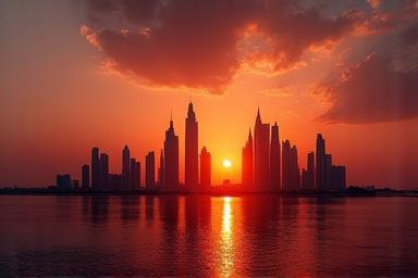 Skyline of Dubai at sunset