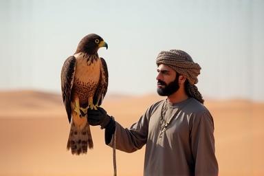 Falconer with a trained falcon in the desert