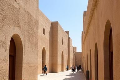 Traditional Arabic architecture with people walking by