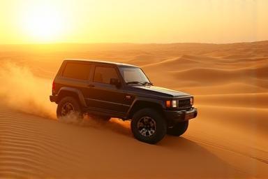 4x4 vehicle on a sand dune during sunset